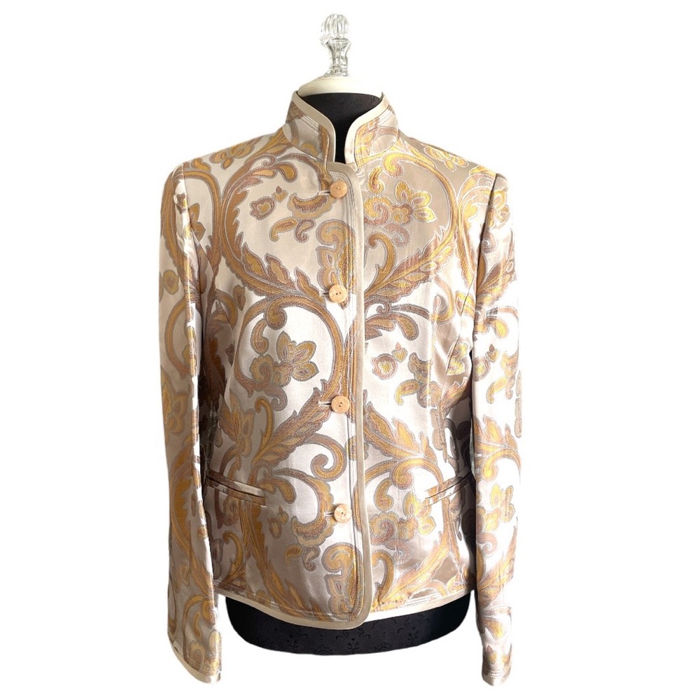 Linda Allard Ellen Tracy Gold Paisley Blazer 100% silk lining & trim Size 12